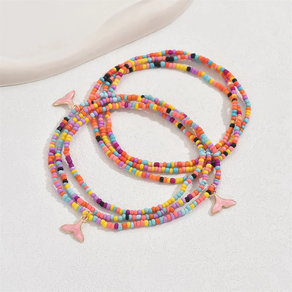 Cute Pink Whale Tail Pendant Anklets For Women Rainbow Beads Foot Chain Fishtail Ankle Bracelet Beach Jewelry Summer Accessories