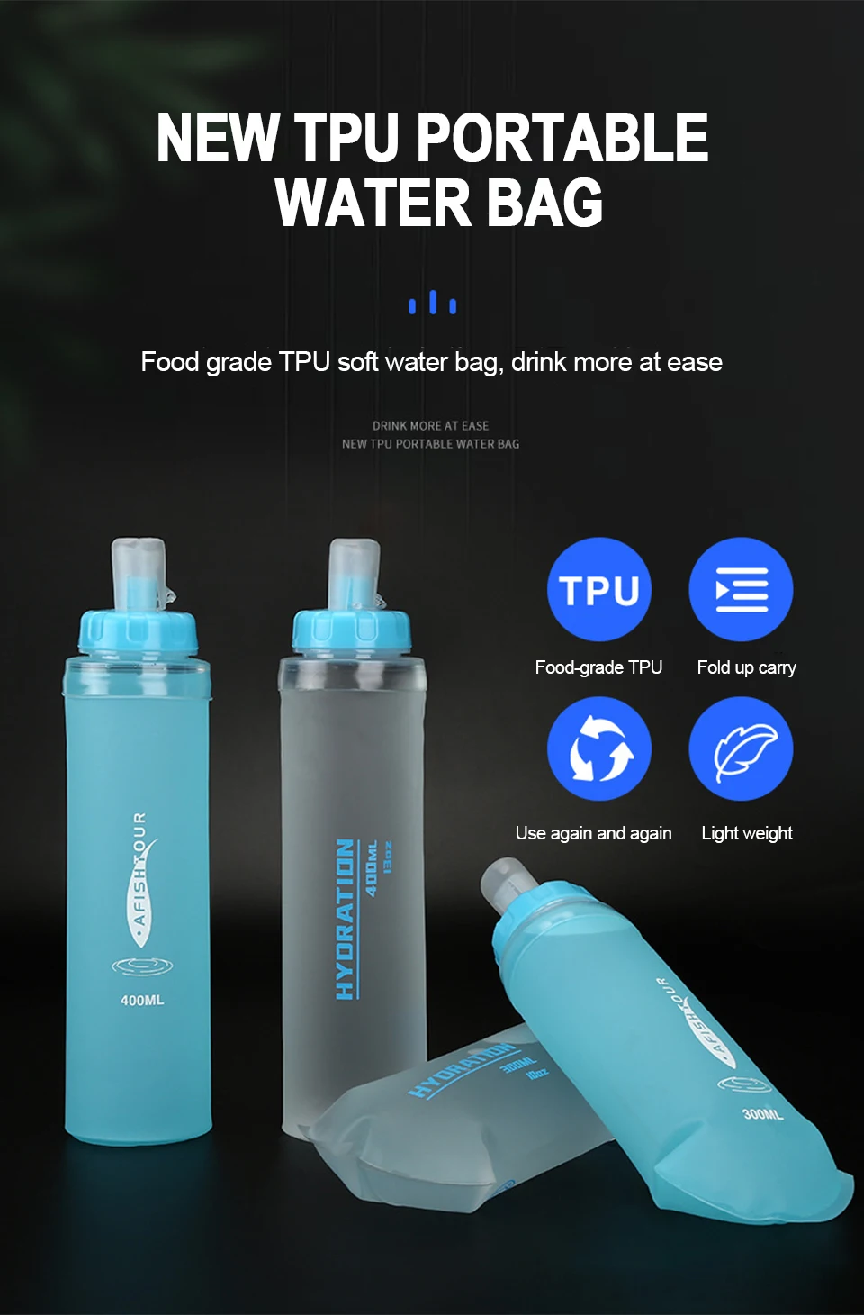 Description Picture 2 of item300ml/400ml/500ml Ultralight Foldable Water Bottle Outdoor Sport Camping Running Hiking Bicycle TPU Soft Flask Water Bag