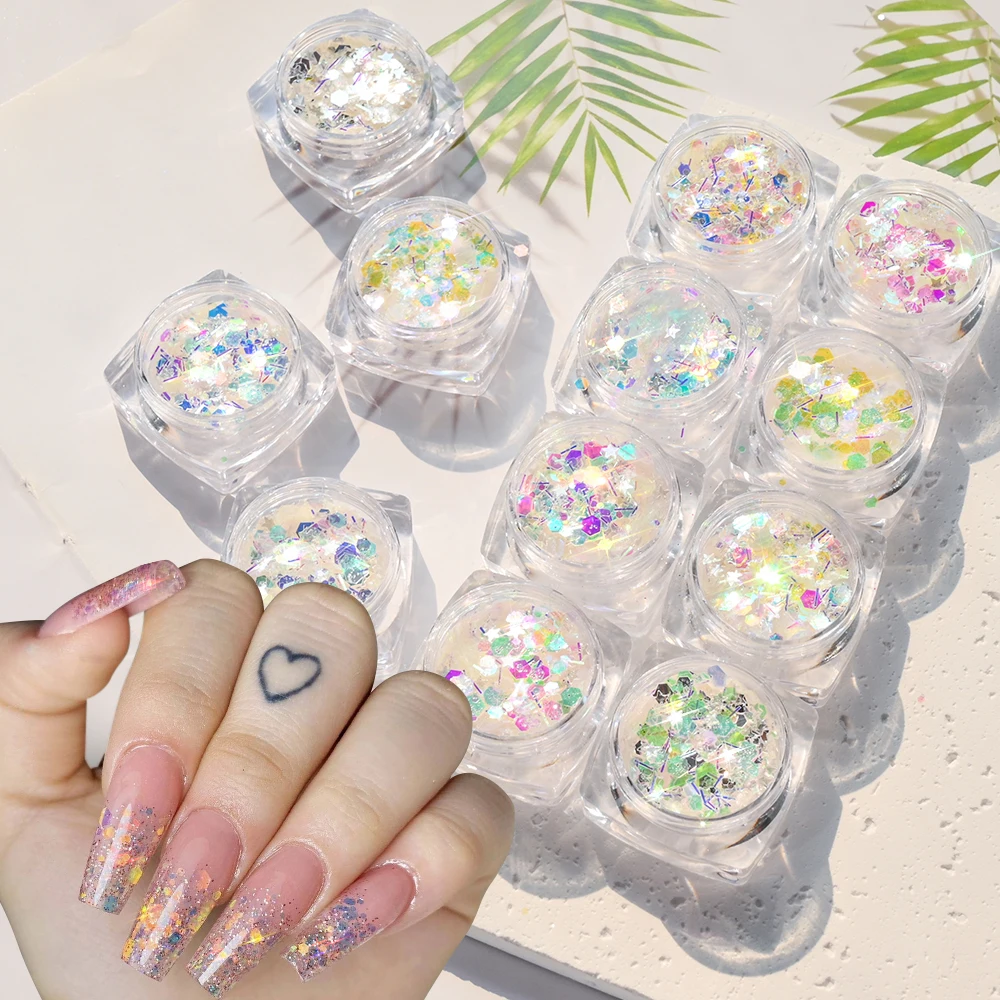 

12Jars Holographic Mixed Hexagon Star Moon Nail Glitter Sparkly Chunky Sequins Epoxy Resin Filler Flakes Nail Art Powder