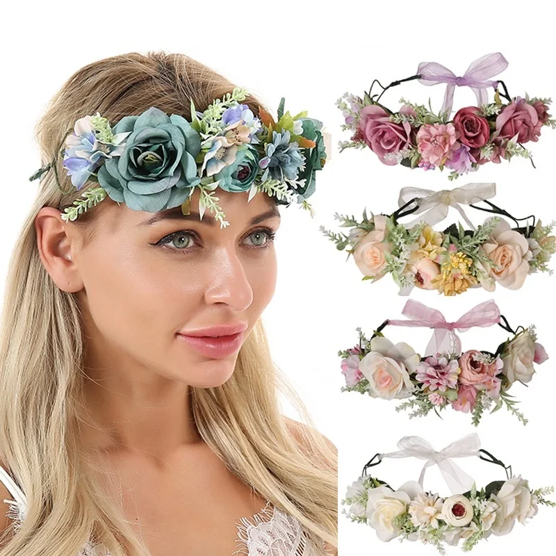 

New Festivals Photo Props Artificial Rose Flower Crown Hair Wreath With Leaves Bohemia Wedding Headband Bridal Halo Headpiece