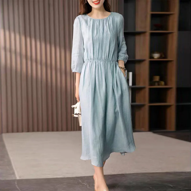 

2024 Women's New Artistic Retro Half-Length Sleeve Dress Fashion Simple Slim Fit Waist-Controlled Slimming round Neck Dress