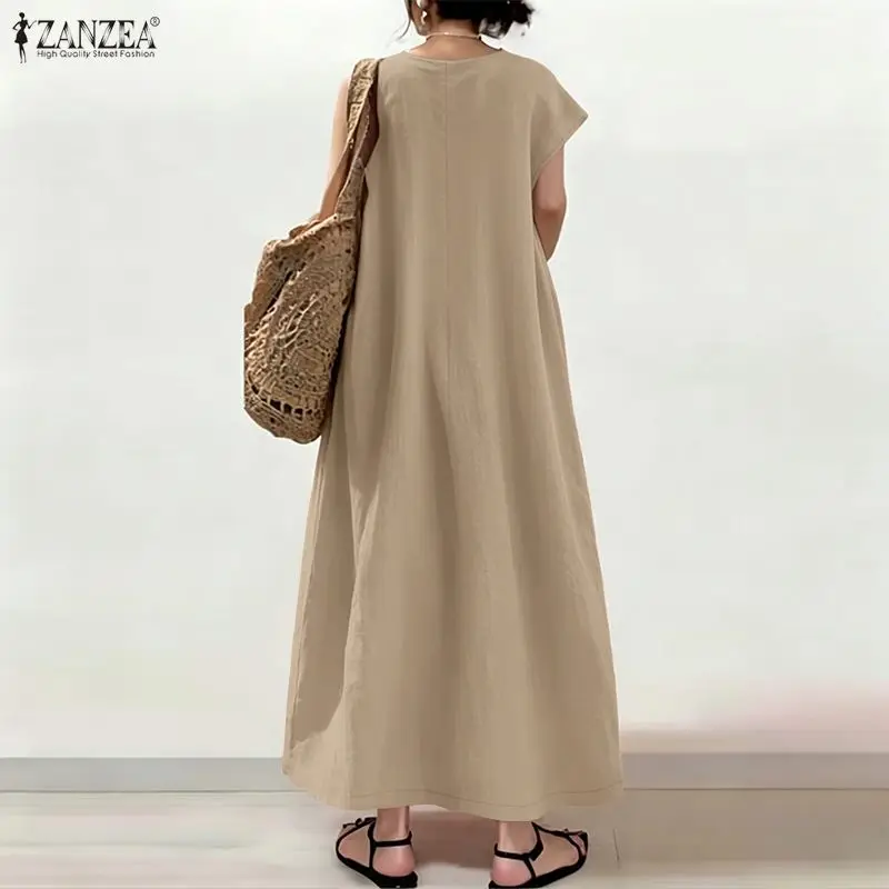 ZANZEA Fashion Summer O Neck Short Sleeve Dresses 2026 Women Casual Loose Sundress Solid Robe Elegant OL Work Dress Vestidos 2