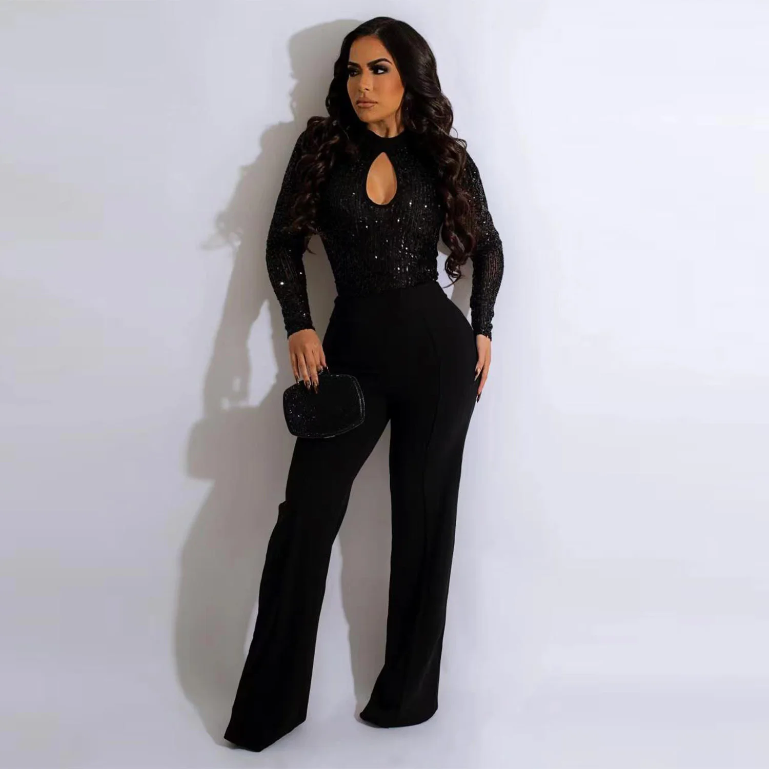 Autumn/Winter fashion new openwork crewneck long sleeves women's sequin pleated slim fit hip jumpsuit