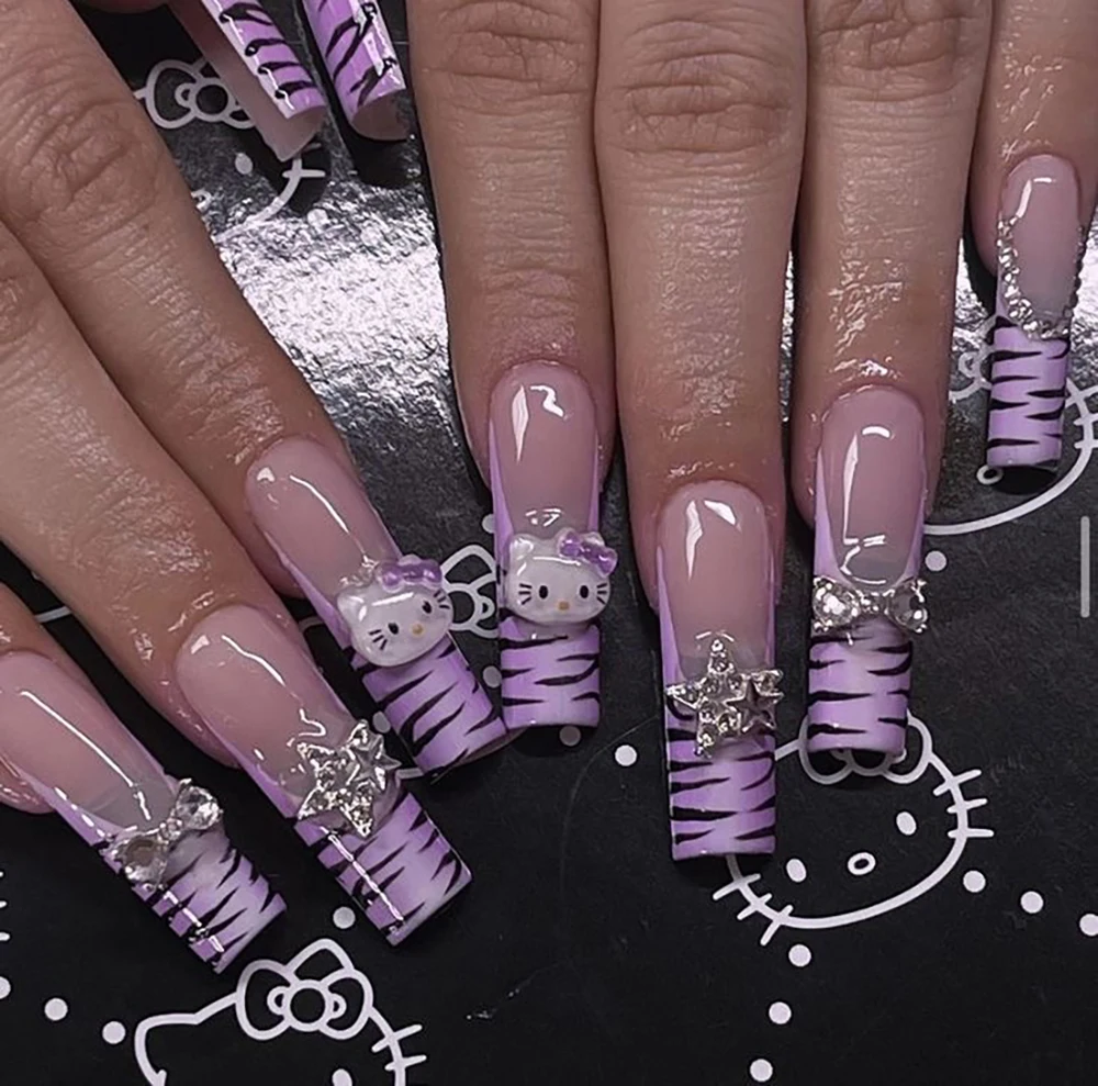 XXL Lungo Rettangolo Y2K Hello Kitty Unghie Art Fatto A Mano Rosa  Zebra-stampa Kumi Arco Carino Francese Personalizzabile Stampa sulle Punte  Del Chiodo Regalo - AliExpress, image size:1000x989
