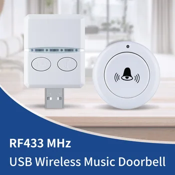 RF 433MHz Wireless Doorbell DC 5V USB Remote Controll Receiver Round Single Button Transmitter Door Bell Calls 30 Ringtongs 1