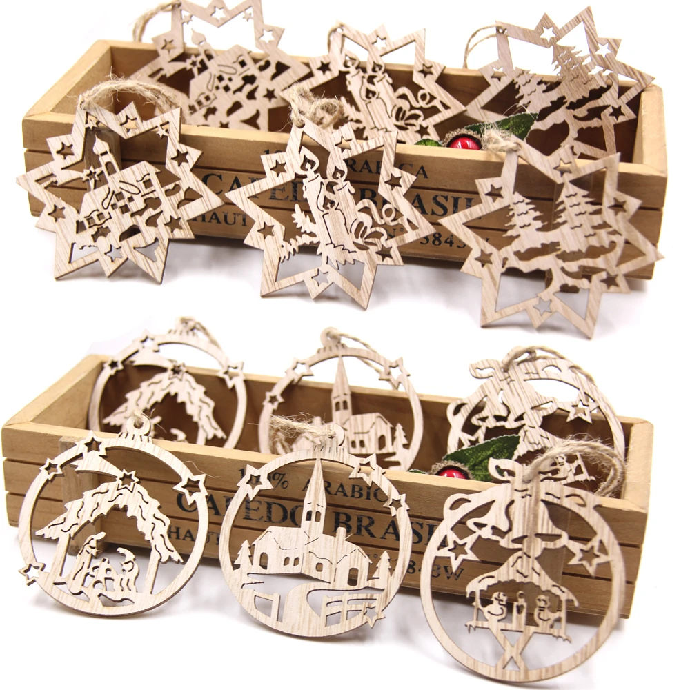 Christmas Wooden Pendants Hollowed Bell/Star/Ball Hanging Ornaments Naviada Home Party Tree Decor DIY Painting Noel Gift 9Pcs