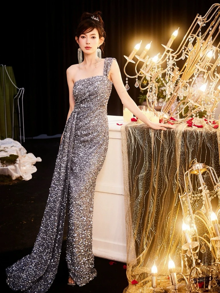 

One Shoulder Prom Dresses Sequins Shiny Gray Ribbon Formal Occasion Saudi Dubai Sleeveless Mermaid Club Party Quinceanera Gowns