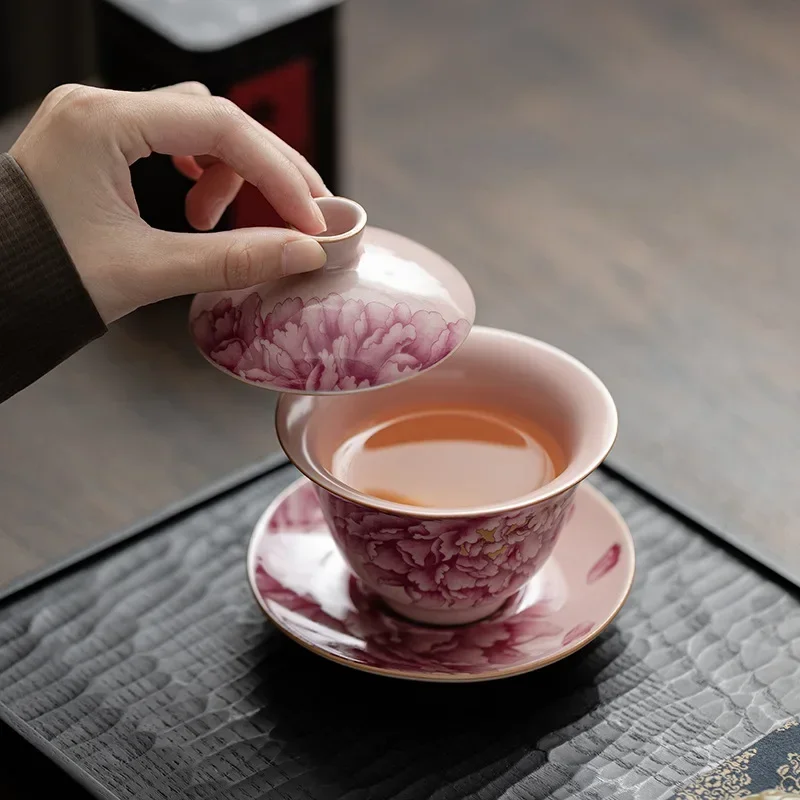 Peony Ru Yao Porcelain Gaiwan Set For Tea Tureen Teaware Cup Chinese Pink Ceramic Opening Tea Bowls Chawan Ceramony