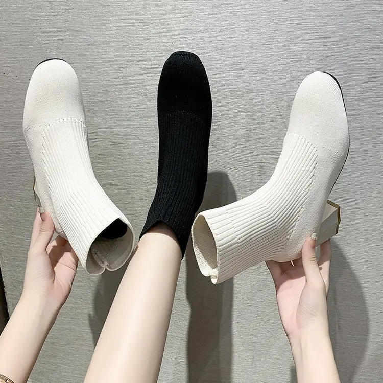 

Вязаные эластичные ботинки, ботинки на высоком квадратном каблуке, однотонные ботинки, женская осенне-зимняя обувь, женская повседневная обувь без шнуровки