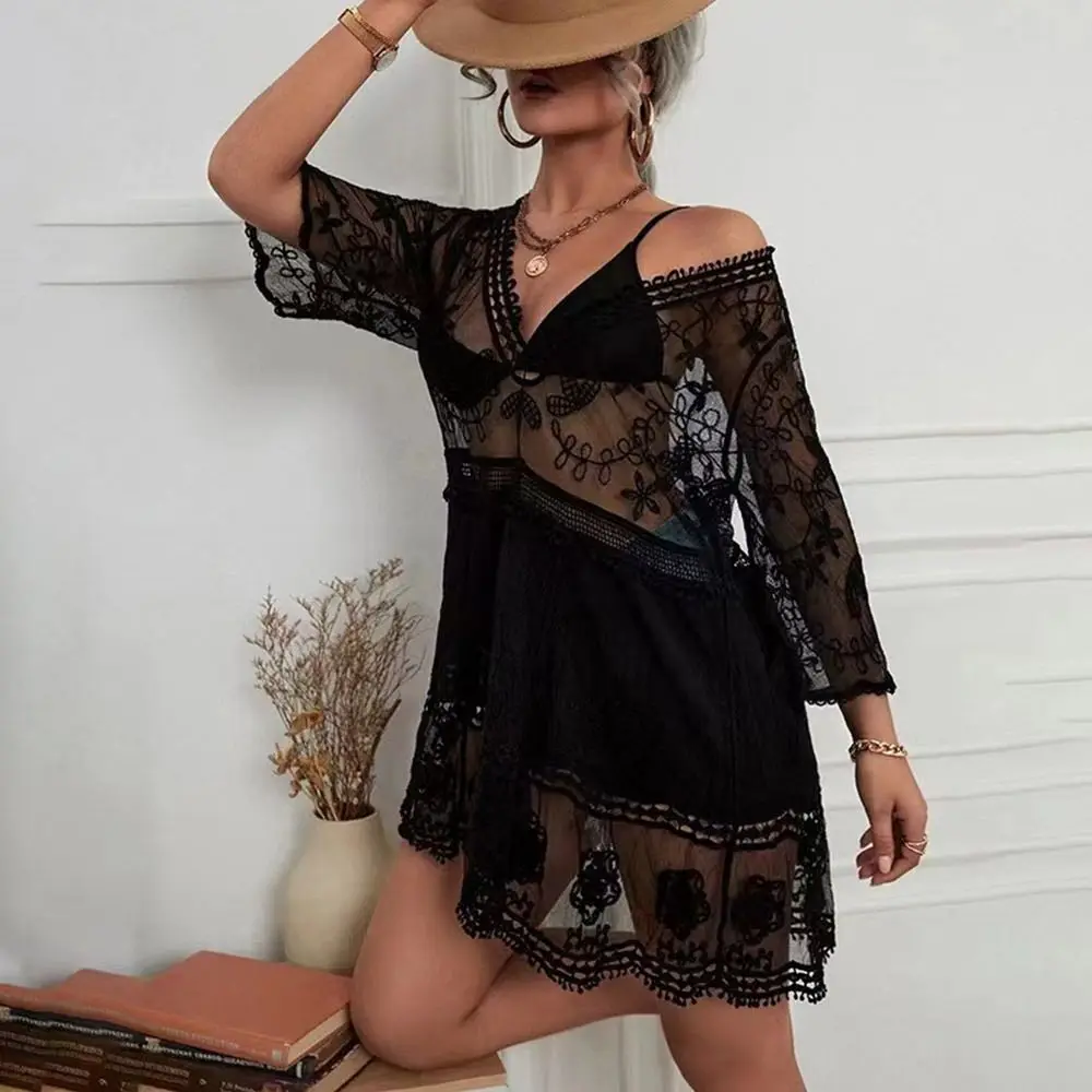 Fashion V Neck Summer Sunscreen Smock Loose Lace Swimsuit Cover Up Dress Vacation Bathing Suit Beachwear Shirt for Women 3