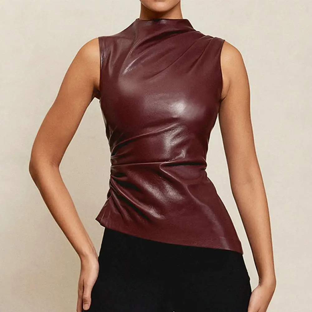 

Women Fashion Motorcycle Vest Piled Collar Sleeveless Zipper Tops Irregular Hem Stretchy Faux Leather Top Blouse Clothes