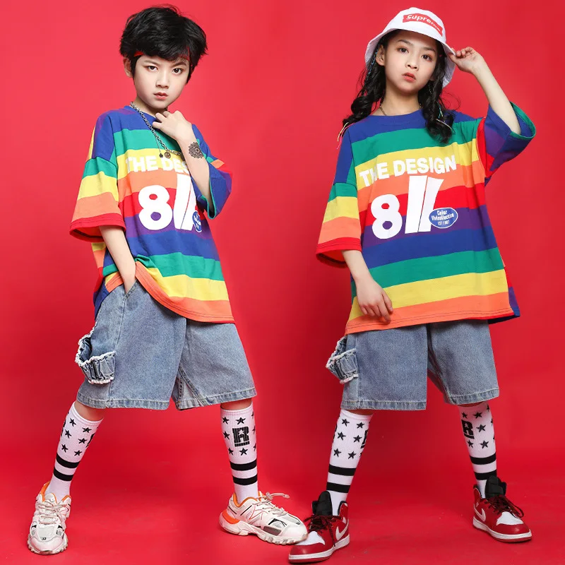 

Girls hip hop fashion summer Rainbow stripe loose children's short sleeved kid performance clothes boys jazz dance dress