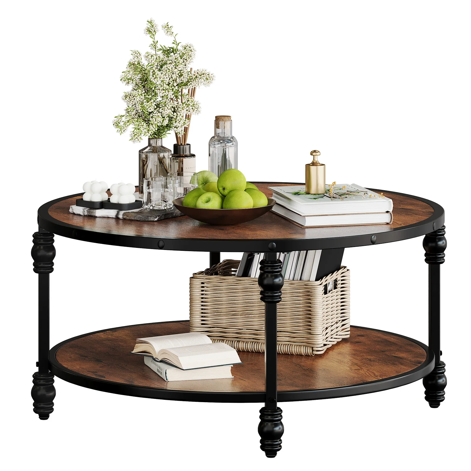Round Rustic Wood Coffee Table with Sturdy Metal Legs 1
