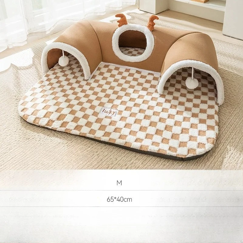 Kışlık İç Mekan Sıcak Peluş Kedi Yatağı, Ren Geyiği Görünümlü Saklanma Oyunu Kedi Tüneli Oyun ve Uyku Entegre Kedi Evi Evcil Hayvan Yuvası