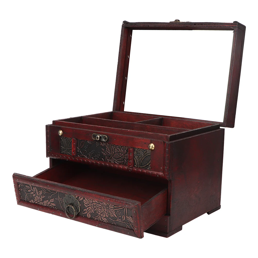Jewelry Storage Chest with Mirror Vintage Wooden Jewelry Box Case Holder Necklace Earrings Storage Box Organizer for Home