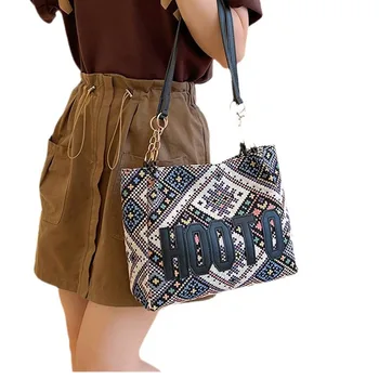 حقيبة حمل قماشية عصرية على الطراز العرقي، حقيبة يد ذات سعة كبيرة، حقائب كتف أنيقة لحجب الألوان للاستخدام اليومي للنساء 6