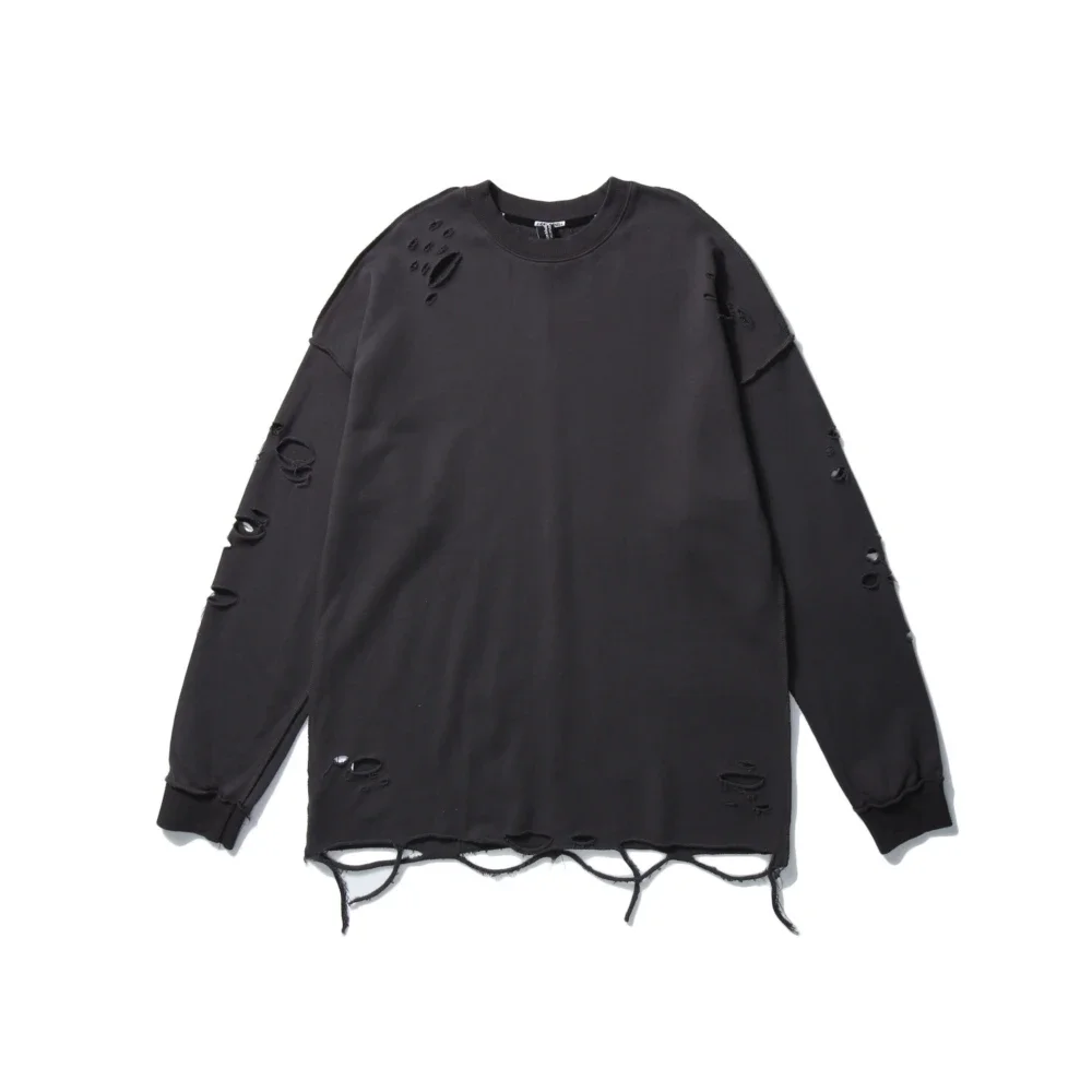 Camisolas rasgadas de manga comprida para homens e mulheres, pulôveres de ombro, streetwear com buracos rasgados, roupas grunge, sloth tops, primavera