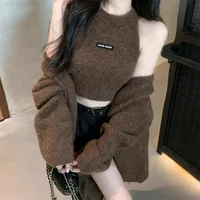 2025 Fashion Women's Solid Cashmere Sweater Long Sleeves Loose Warm Cardigan+Sleeveless Knitting Tank Gentle Winter Casual Tops