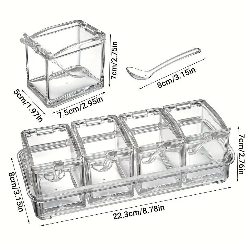 1SET/2SET Four Compartment Transparent Seasoning Box with Spoon Lid and Storage Base Sugar, MSG Four in One Storage Container
