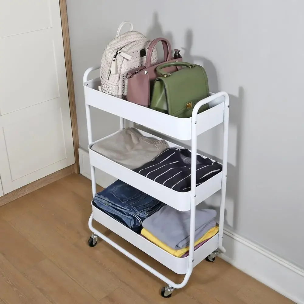 Metal Utility Cart 3 Tier White Rolling Laundry Organizer Adult Child StorageBasket Easy Assembly