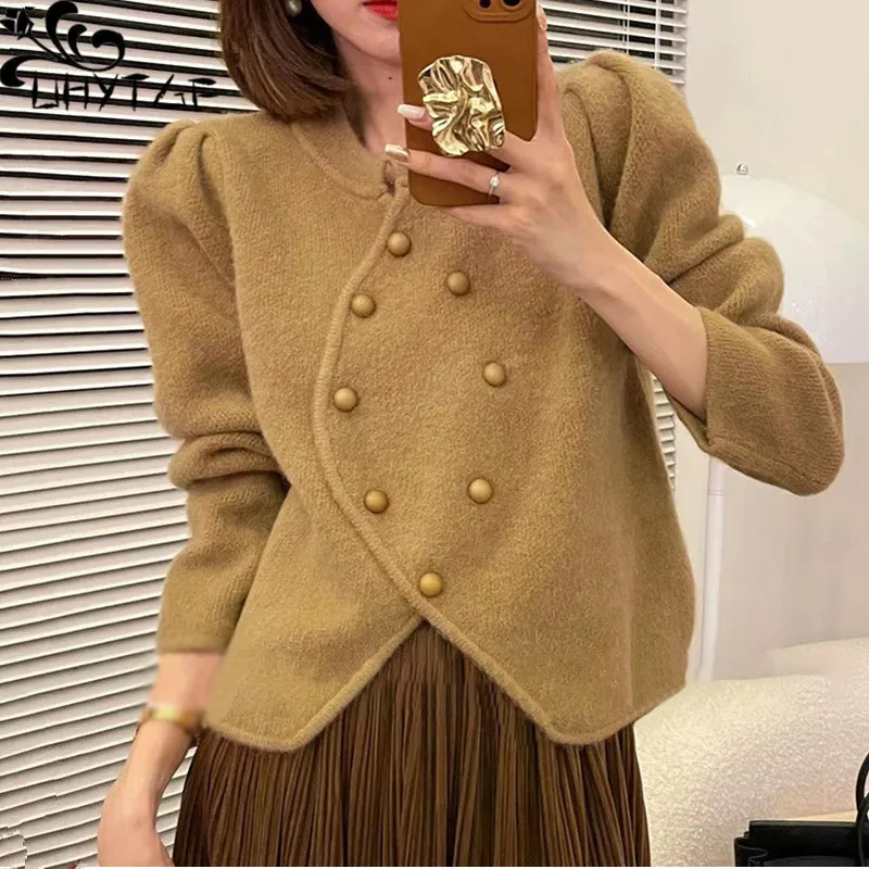 

UHYTGF 2023 Autumn Winter Sweaters Women Fashion Double-Breasted Cardigan Female Coat Chic Irregular Knitted Sweaters Ladies 273