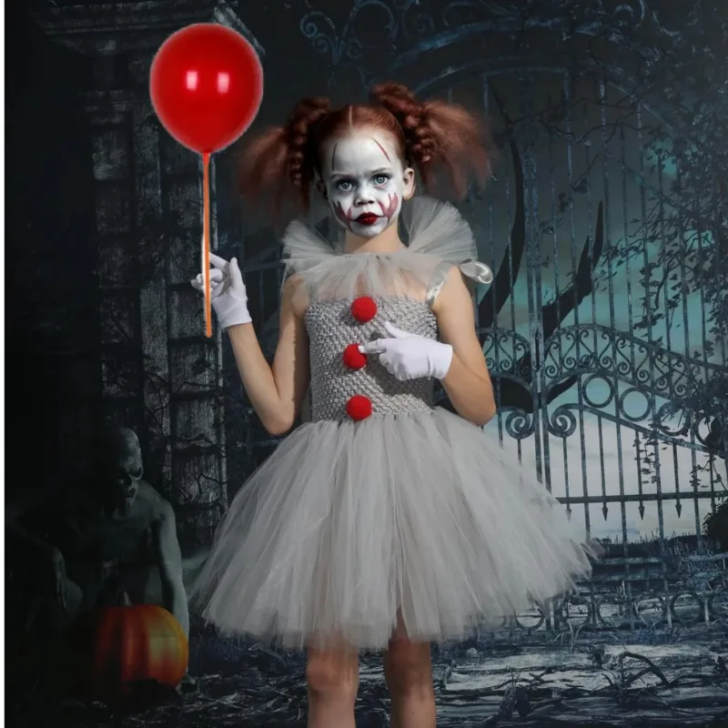 Halloween Girls Pennywise Tutu Dress Kids Cosplay Scary Gray Clown Costume Girl Carnival Party Dress Up Clothing