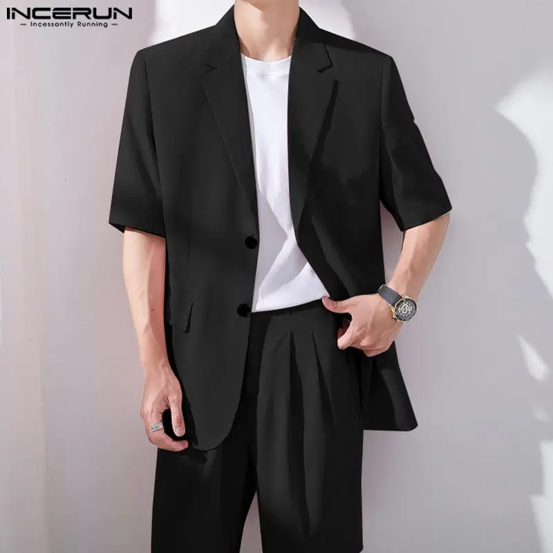 INCERUN 2023 Korean Style Men's Short Sleeved Suits Jackets Shorts Male Simple All-match Solid Comfortable Two-piece Sets S-5XL incerun 2023 american style fashion men sets bright glossy short tank tops wide leg pants casual solid male two piece set s 5xl