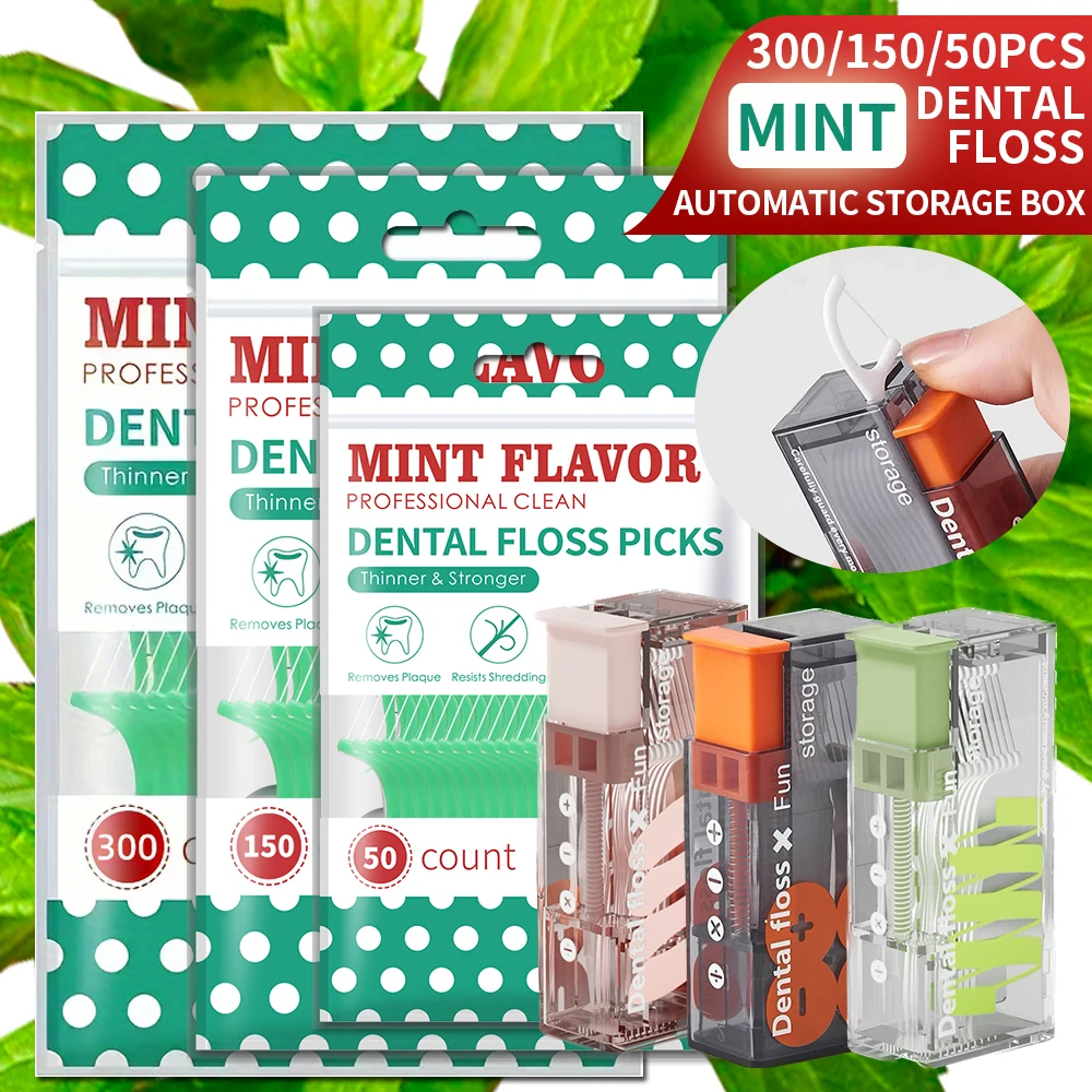 【 Automatic Floss Storage Box 】 Ultra Fine Peppermint Dental Floss Stick - Disposable Dental Floss Automatic Pop-up Storage Box
