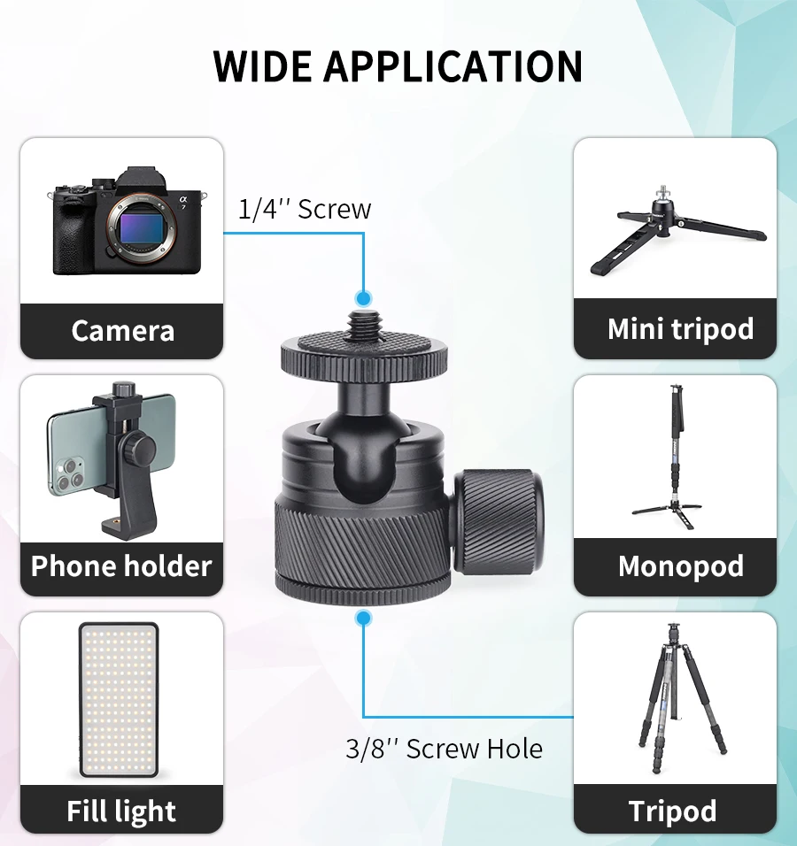 Mini Ball Head- C19 Mount Tripod Head-CNC Metal Low Profile Ballhead 360° Pan 90