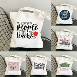 Peace Love Teach Pattern Tote Bag for Ladies Foldable Canvas Shopping Bags Boutique Portable Handbag Teacher Gift Organizer