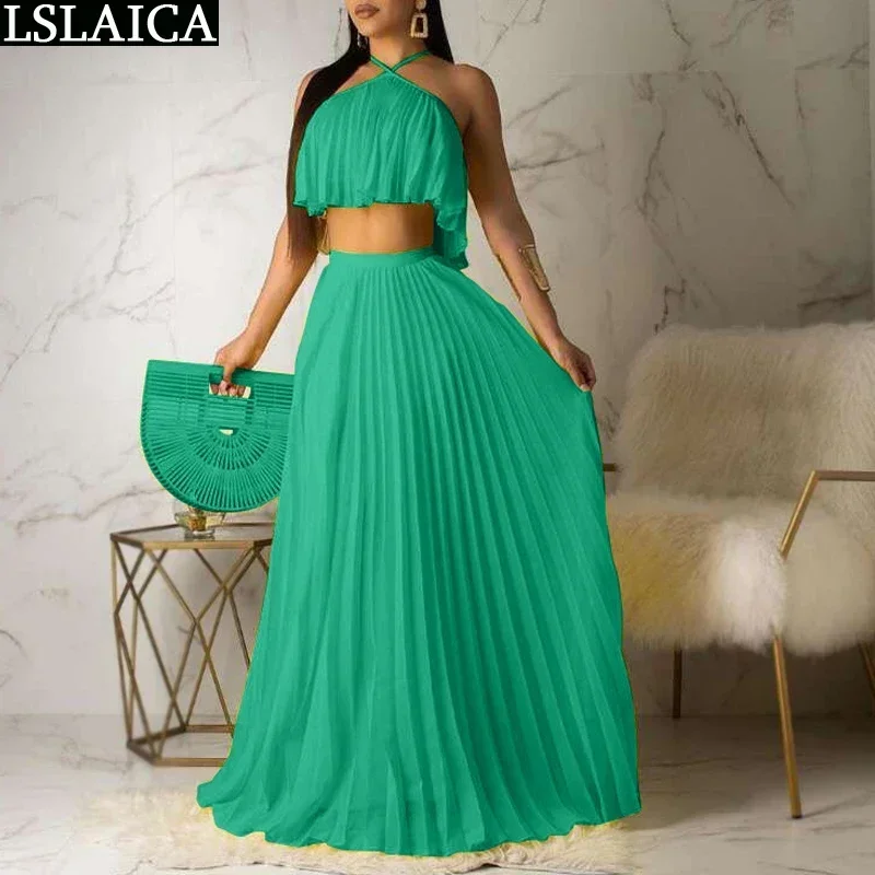 

2 Piece Sets Womens Outfits Loose Summer 2022 New Fashion Sleeveless Crop Top and Maxi Skirts Suit Pleated Sexy Matching Set