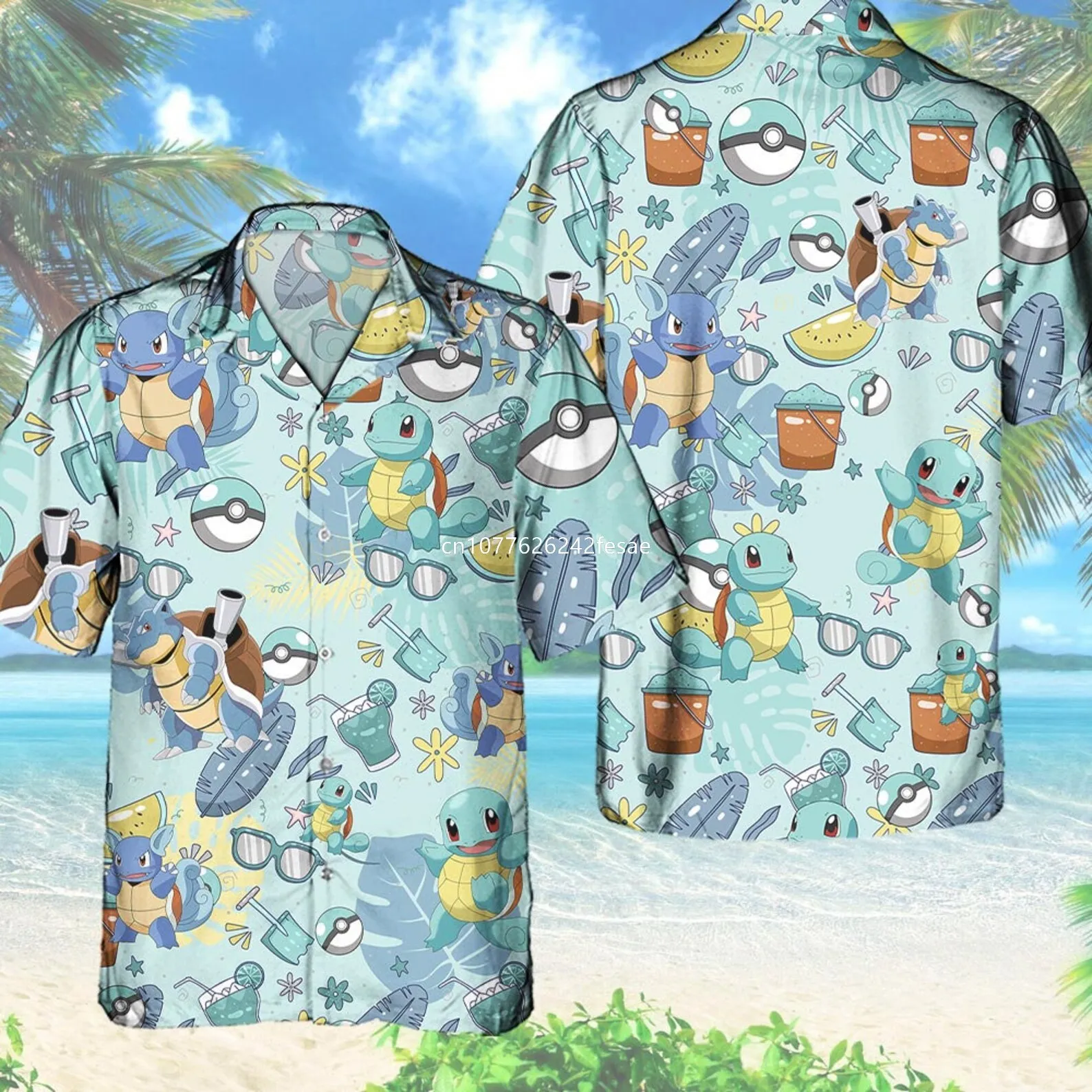 

Pokemon Squirtle Hawaiian Shirt Men Women Kids Short Sleeve Button Shirt Pikachu PKM Aloha Anime Raichu Shirt Casual Beach Shirt