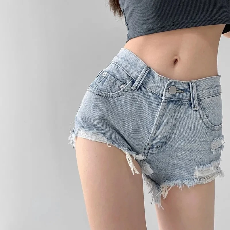 Vintage Ripped Holes Denim Shorts Women's Summer Thin Spice Girls High Waisted Slimming Wide Leg Hot Pants Sexy Club Jean Short