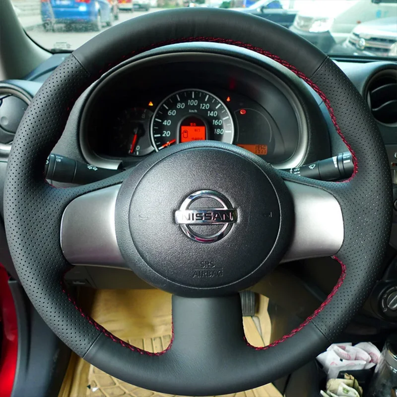 

for Nissan March 2010-2015 Sunny 2011-2013 Versa Hand sewing No-slip Black Leather Car Steering Wheel Cover Interior Accessories