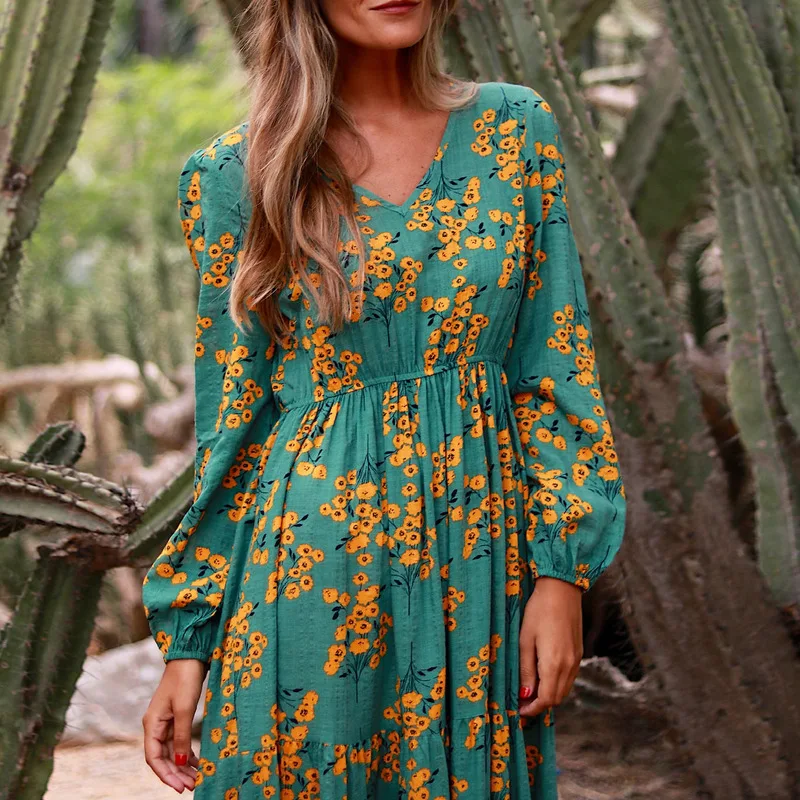 Loose Casual Embroidery Silk Floral V-Neck Midi Dress main image 0