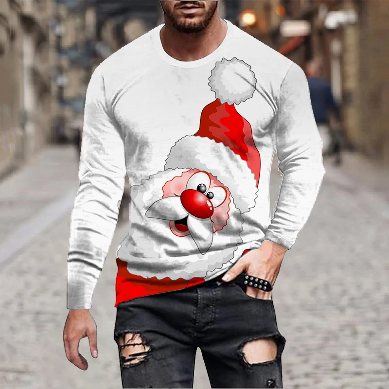 Mens Christmas Long Sleeve Reindeer 3D Print T Shirt