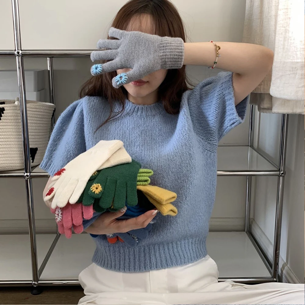 

Touch Screen Knitted Gloves Solid Color Jacquard Cuffs Long Gloves Winter Thicken Warm Gloves Female Elastic Full Fingers Gloves