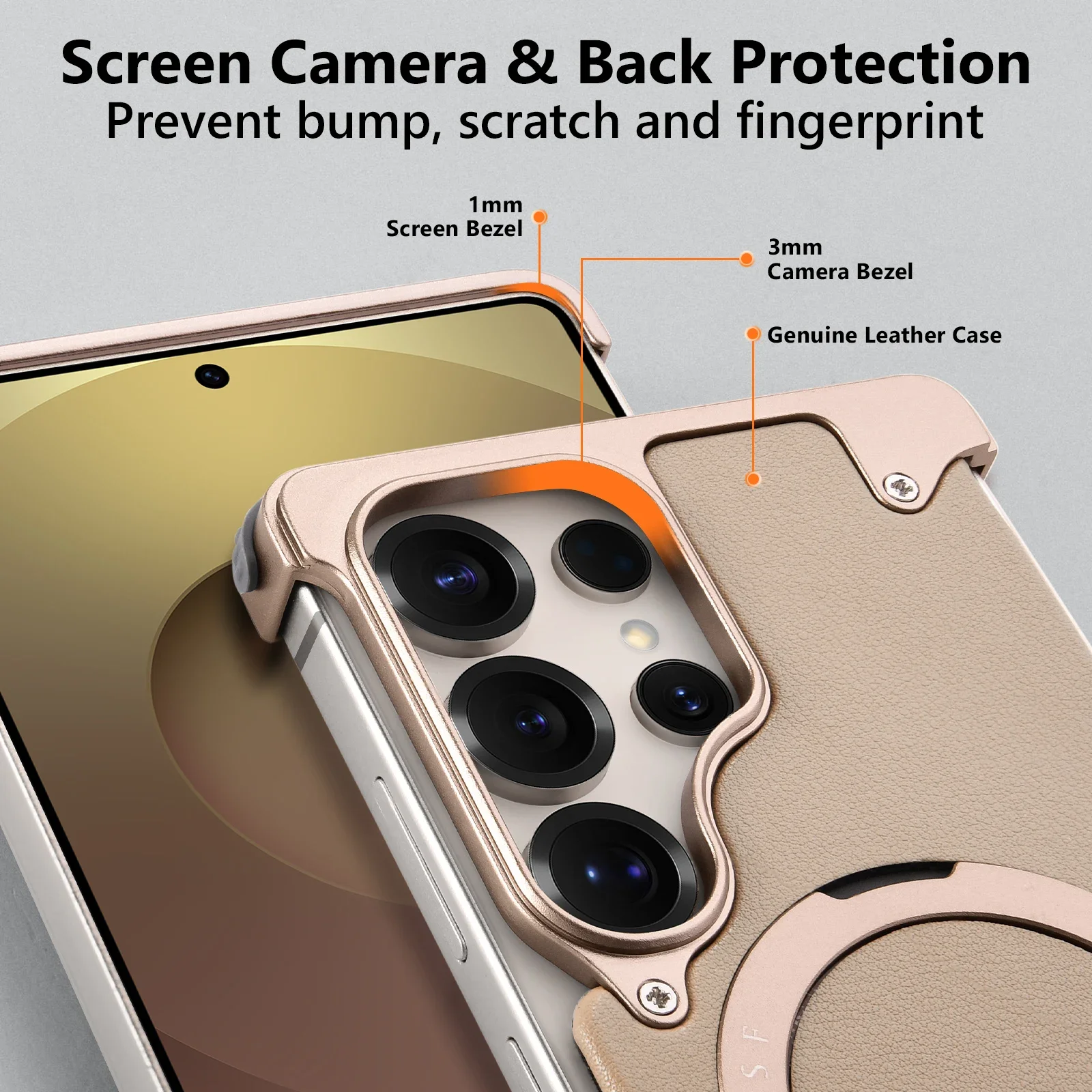 Eary for Samsung Galaxy S25 Ultra Phone Case with 360° Rotatable Magnetic Stand Wireless Charging Bumper Leather Frameless Cover