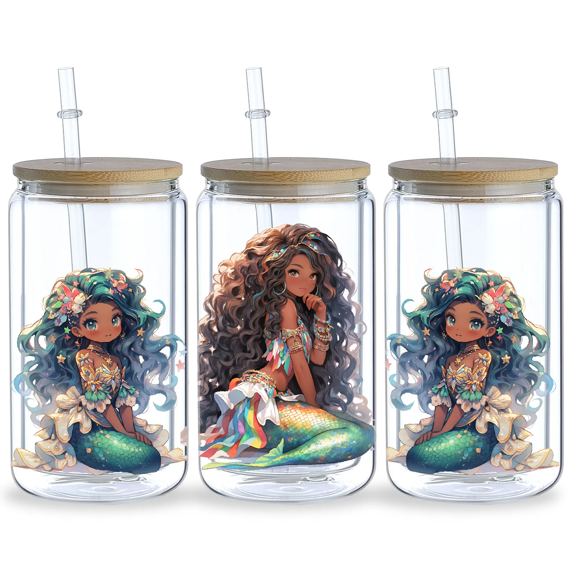 5 Sheets Mermaid UV DTF Cup Sleeve 16oz, Cup Sleeve Transfer Glass, Water Bottle Waterproof Sticker, Friction Transfer Sticker