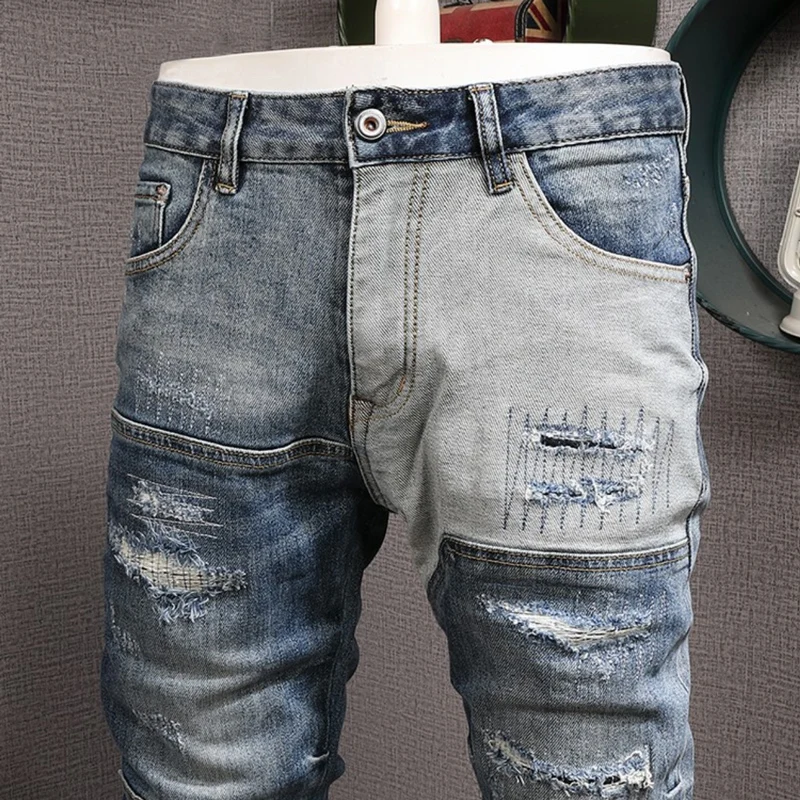 Streetwear Fashion Men Jeans Retro Blue Stretch Slim Fit Ripped Jeans Men Vintage Trousers Patched Designer Hip Hop Pants Hombre