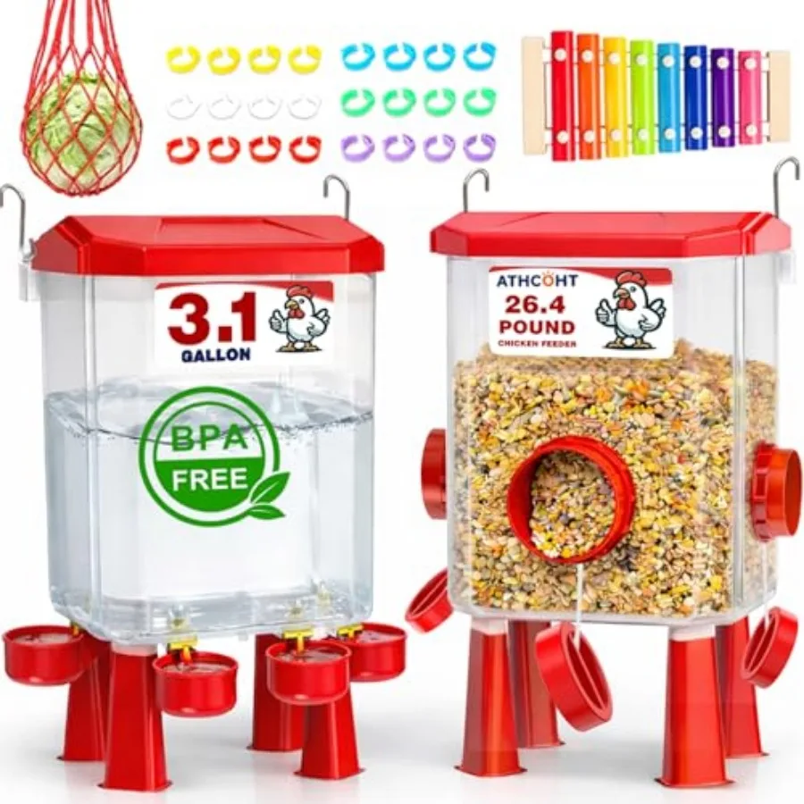 Large Chicken Feeder and Waterer Set 3.1 Gallon/26.4 Pounds, Automatic Chicken Waterer with 4 Cups and 3 Feeder Ports No Waste