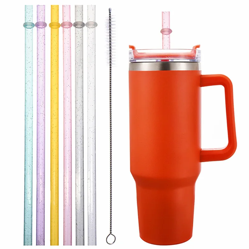 12 Pcs reusable plastic straws glitter drinking straws for Stanley Cup clear sparkle straw with cleaning brush for tumbler party reusable plastic straws