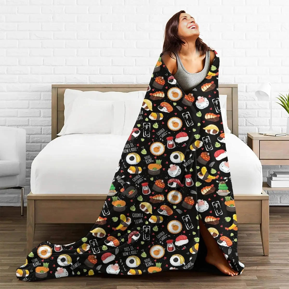 Japanese Guinea Pig Sushi - Black Background Blanket Fleece Super Soft Throw Blankets Sofa Throw Blanket Throws Bedspread Quilt 5
