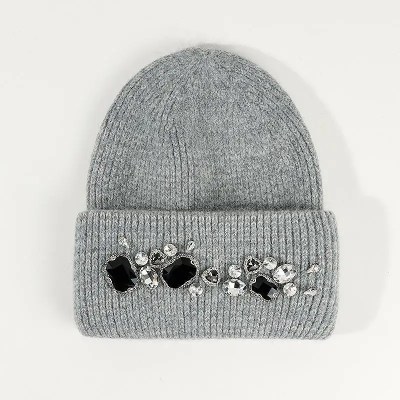 Ladies Fashion Warm Knitted Knitted Knitted Hat with Bright Diamond Rabbit Hair Thickened Warm Cotton Hat Travel Shopping Hat 6