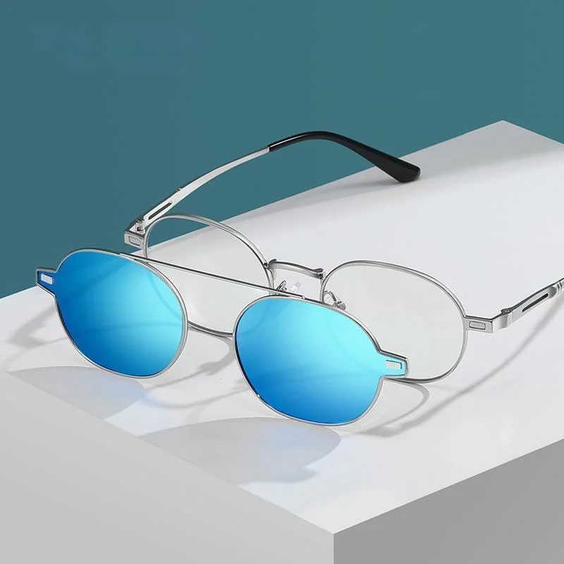 

Vintage Round Anti Blue Light Glasses Frame With 1Pc Magnetic Polarized Clip-On Sunglasses Lenses New Optical Computer Eyewear