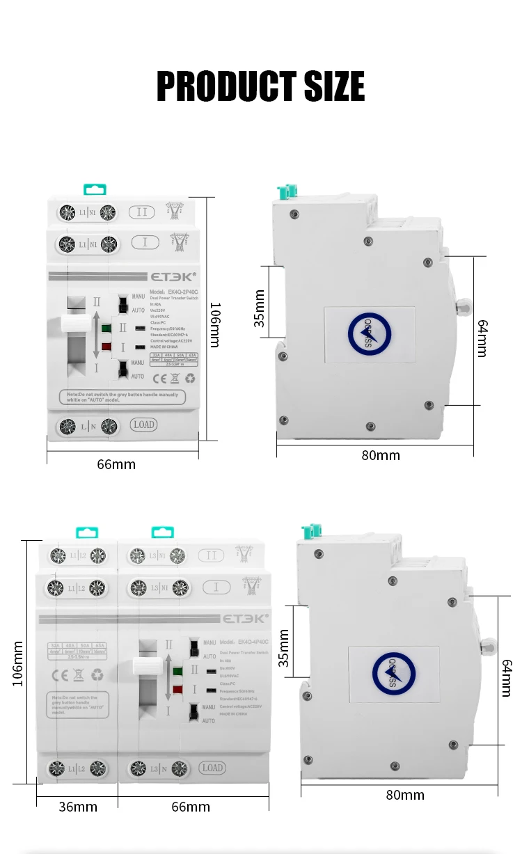 ETEK  Din Rail 2P/4P ATS Dual Power Automatic Transfer Switch Electrical Selecto