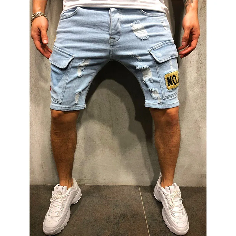 

Denim shorts with cover pocket, men's casual street style medium stretch copy of old cargo shorts, suitable for summer, men's bo