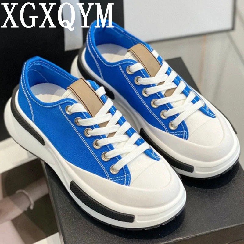 

Hot Sale Women Thick Bottom Canvas Shoes Runway Designer Platform Height Increasing Lace Up Flat Causal Shoes Women Mutlicolor