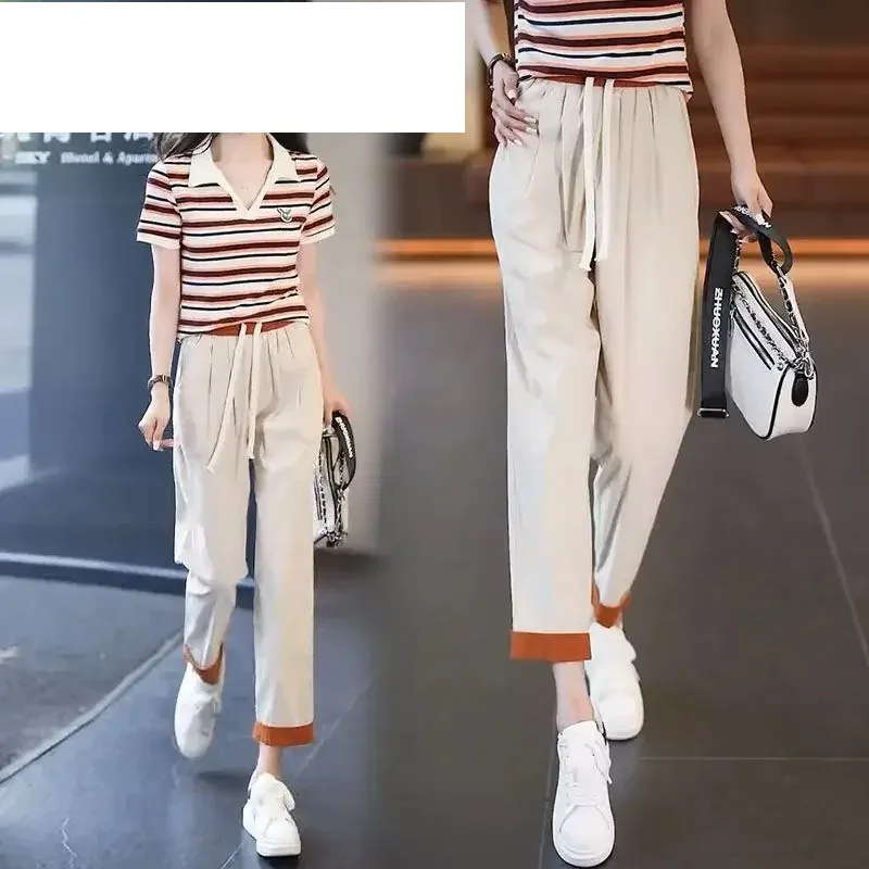 Summer 2023 New Ice Silk Trousers Casual Loose Drawstring Smoke Pipe Straight Tube Elasticity Waist Fashion Womens Pants