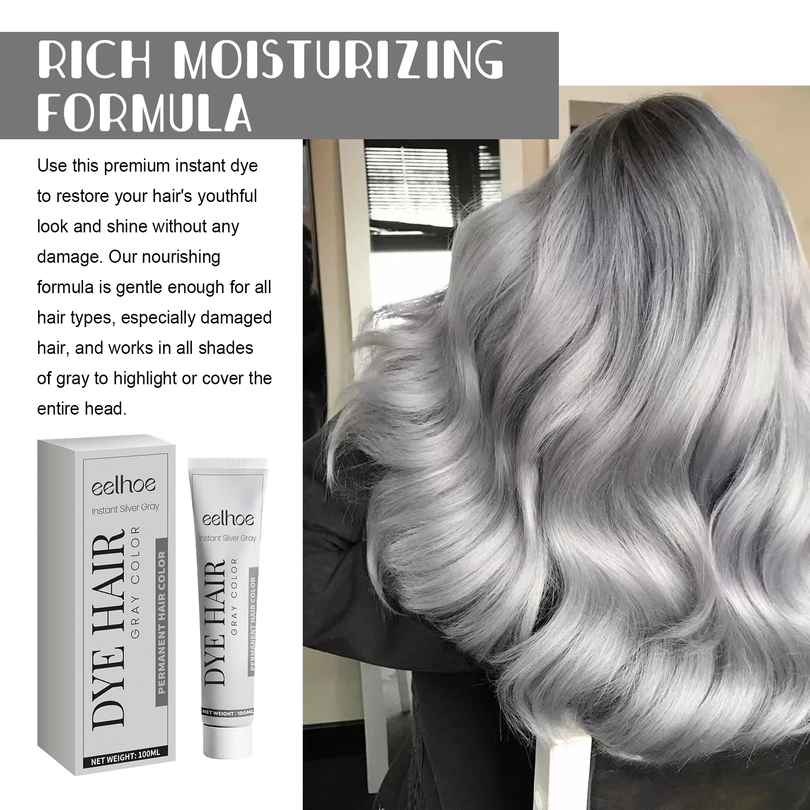 Silver Grey Hair Dye Cream - Smoky Punk DIY Color No Damage Long-lasting
